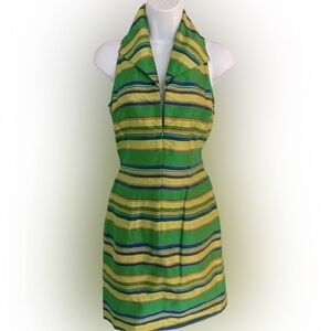 Chetta B Peter Noviello Sherrie Bloom Silk Dress - 2 green navy striped , silk ,
